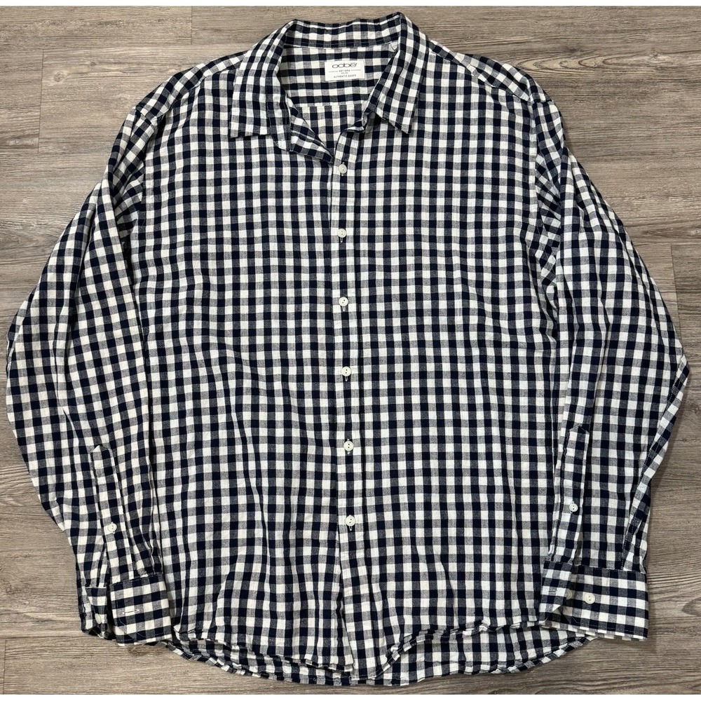 OOBE Authentic Goods Shirt Mens 2XL Navy White Gingham Cotton Linen Button Down